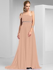 cheap Special Occasion Dresses-Sheath / Column Elegant Prom Formal Evening Dress One Shoulder Short Sleeve Sweep / Brush Train Chiffon with Ruched Beading 2022