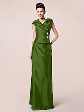 abordables Bodas y eventos-Funda / Columna Vestido de Madrina Inspiración Vintage Escote en Pico Hasta el Suelo Tafetán Manga Corta con Botones Recogido 2020