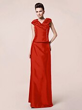 abordables Bodas y eventos-Funda / Columna Vestido de Madrina Inspiración Vintage Escote en Pico Hasta el Suelo Tafetán Manga Corta con Botones Recogido 2020