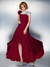 cheap Mother of the Bride-A-Line Mother of the Bride Dress Lace Up Scoop Neck Asymmetrical Satin Chiffon Short Sleeve with Sequin Side Draping Flower 2021