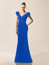 billige Bryllup og hendelser-Havfrue Ballkjoler Kjole Formell kveld Militærball Sweep / Børste train Kortermet V-hals Chiffon med Drapert Drapering 2025