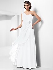 cheap Special Occasion Dresses-Sheath / Column Open Back Formal Evening Military Ball Dress One Shoulder Sleeveless Floor Length Chiffon with Ruched Crystals Draping 2022