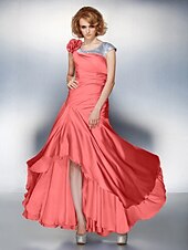 cheap Mother of the Bride-A-Line Mother of the Bride Dress Lace Up Scoop Neck Asymmetrical Satin Chiffon Short Sleeve with Sequin Side Draping Flower 2021