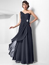 cheap Special Occasion Dresses-Sheath / Column Open Back Formal Evening Military Ball Dress One Shoulder Sleeveless Floor Length Chiffon with Ruched Crystals Draping 2022