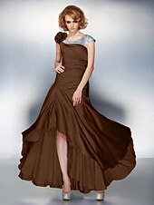 cheap Mother of the Bride-A-Line Mother of the Bride Dress Lace Up Scoop Neck Asymmetrical Satin Chiffon Short Sleeve with Sequin Side Draping Flower 2021