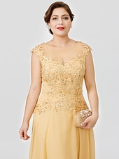 preiswerte Bodenlänge-A-Linie Mutter der Braut Kleid Hochzeitsgast Elegant Plus Size Illusionshals Sweep  Brush Zug Chiffon Perlenbesetzte Spitze Kurze Ärmel ohne Schleife(n) Falten 2025 kostenlose Maßanfertigung
