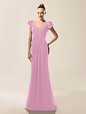 billige Bryllup og hendelser-Havfrue Ballkjoler Kjole Formell kveld Militærball Sweep / Børste train Kortermet V-hals Chiffon med Drapert Drapering 2025