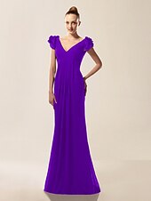 billige Bryllup og hendelser-Havfrue Ballkjoler Kjole Formell kveld Militærball Sweep / Børste train Kortermet V-hals Chiffon med Drapert Drapering 2025