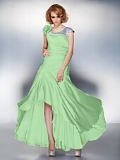 cheap Mother of the Bride-A-Line Mother of the Bride Dress Lace Up Scoop Neck Asymmetrical Satin Chiffon Short Sleeve with Sequin Side Draping Flower 2021