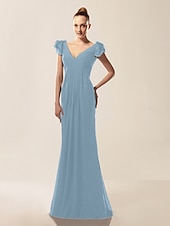 billige Bryllup og hendelser-Havfrue Ballkjoler Kjole Formell kveld Militærball Sweep / Børste train Kortermet V-hals Chiffon med Drapert Drapering 2025