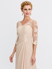 economico Lunghezza del pavimento-ts beach wedding a-line madre della sposa abito da sposa invitata elegante taglie forti trasparente scollo a V lunghezza pavimento chiffon mezza manica con applicazioni drappeggio laterale 2025
