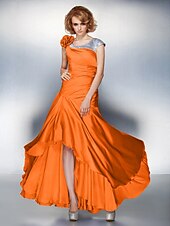 cheap Mother of the Bride-A-Line Mother of the Bride Dress Lace Up Scoop Neck Asymmetrical Satin Chiffon Short Sleeve with Sequin Side Draping Flower 2021
