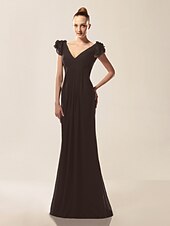 billige Bryllup og hendelser-Havfrue Ballkjoler Kjole Formell kveld Militærball Sweep / Børste train Kortermet V-hals Chiffon med Drapert Drapering 2025