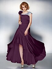 cheap Mother of the Bride-A-Line Mother of the Bride Dress Lace Up Scoop Neck Asymmetrical Satin Chiffon Short Sleeve with Sequin Side Draping Flower 2021