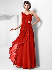 cheap Special Occasion Dresses-Sheath / Column Open Back Formal Evening Military Ball Dress One Shoulder Sleeveless Floor Length Chiffon with Ruched Crystals Draping 2022