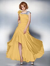cheap Mother of the Bride-A-Line Mother of the Bride Dress Lace Up Scoop Neck Asymmetrical Satin Chiffon Short Sleeve with Sequin Side Draping Flower 2021