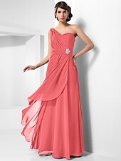 cheap Special Occasion Dresses-Sheath / Column Open Back Formal Evening Military Ball Dress One Shoulder Sleeveless Floor Length Chiffon with Ruched Crystals Draping 2022