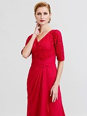 cheap Mother of the Bride-Sheath / Column Mother of the Bride Dress Formal Elegant V Neck Floor Length Chiffon Corded Lace Half Sleeve with Criss Cross 2023