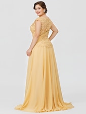 preiswerte Bodenlänge-A-Linie Mutter der Braut Kleid Hochzeitsgast Elegant Plus Size Illusionshals Sweep  Brush Zug Chiffon Perlenbesetzte Spitze Kurze Ärmel ohne Schleife(n) Falten 2025 kostenlose Maßanfertigung