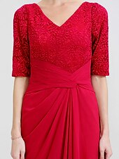 cheap Mother of the Bride-Sheath / Column Mother of the Bride Dress Formal Elegant V Neck Floor Length Chiffon Corded Lace Half Sleeve with Criss Cross 2023