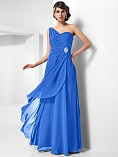 cheap Special Occasion Dresses-Sheath / Column Open Back Formal Evening Military Ball Dress One Shoulder Sleeveless Floor Length Chiffon with Ruched Crystals Draping 2022