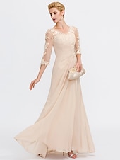 economico Lunghezza del pavimento-ts beach wedding a-line madre della sposa abito da sposa invitata elegante taglie forti trasparente scollo a V lunghezza pavimento chiffon mezza manica con applicazioni drappeggio laterale 2025