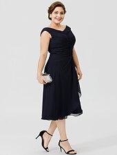 cheap Weddings &amp; Events-A-Line Mother of the Bride Dress Chic &amp; Modern Elegant &amp; Luxurious Plus Size V Neck Tea Length Chiffon Short Sleeve with Buttons Pleats 2021