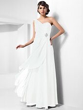cheap Special Occasion Dresses-Sheath / Column Open Back Formal Evening Military Ball Dress One Shoulder Sleeveless Floor Length Chiffon with Ruched Crystals Draping 2022