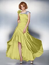 cheap Mother of the Bride-A-Line Mother of the Bride Dress Lace Up Scoop Neck Asymmetrical Satin Chiffon Short Sleeve with Sequin Side Draping Flower 2021