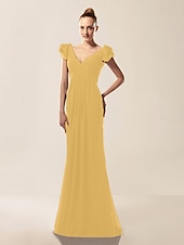 billige Bryllup og hendelser-Havfrue Ballkjoler Kjole Formell kveld Militærball Sweep / Børste train Kortermet V-hals Chiffon med Drapert Drapering 2025