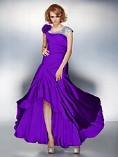 cheap Mother of the Bride-A-Line Mother of the Bride Dress Lace Up Scoop Neck Asymmetrical Satin Chiffon Short Sleeve with Sequin Side Draping Flower 2021