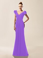 billige Bryllup og hendelser-Havfrue Ballkjoler Kjole Formell kveld Militærball Sweep / Børste train Kortermet V-hals Chiffon med Drapert Drapering 2025