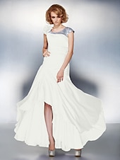 cheap Mother of the Bride-A-Line Mother of the Bride Dress Lace Up Scoop Neck Asymmetrical Satin Chiffon Short Sleeve with Sequin Side Draping Flower 2021