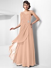 cheap Special Occasion Dresses-Sheath / Column Open Back Formal Evening Military Ball Dress One Shoulder Sleeveless Floor Length Chiffon with Ruched Crystals Draping 2022