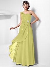 cheap Special Occasion Dresses-Sheath / Column Open Back Formal Evening Military Ball Dress One Shoulder Sleeveless Floor Length Chiffon with Ruched Crystals Draping 2022