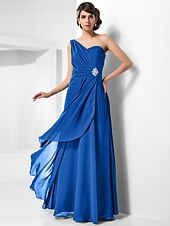 cheap Special Occasion Dresses-Sheath / Column Open Back Formal Evening Military Ball Dress One Shoulder Sleeveless Floor Length Chiffon with Ruched Crystals Draping 2022