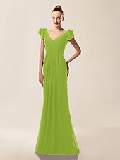 billige Bryllup og hendelser-Havfrue Ballkjoler Kjole Formell kveld Militærball Sweep / Børste train Kortermet V-hals Chiffon med Drapert Drapering 2025