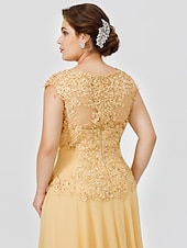 preiswerte Bodenlänge-A-Linie Mutter der Braut Kleid Hochzeitsgast Elegant Plus Size Illusionshals Sweep  Brush Zug Chiffon Perlenbesetzte Spitze Kurze Ärmel ohne Schleife(n) Falten 2025 kostenlose Maßanfertigung