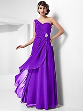 cheap Special Occasion Dresses-Sheath / Column Open Back Formal Evening Military Ball Dress One Shoulder Sleeveless Floor Length Chiffon with Ruched Crystals Draping 2022