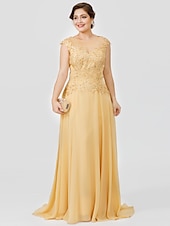 preiswerte Bodenlänge-A-Linie Mutter der Braut Kleid Hochzeitsgast Elegant Plus Size Illusionshals Sweep  Brush Zug Chiffon Perlenbesetzte Spitze Kurze Ärmel ohne Schleife(n) Falten 2025 kostenlose Maßanfertigung