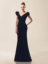 billige Bryllup og hendelser-Havfrue Ballkjoler Kjole Formell kveld Militærball Sweep / Børste train Kortermet V-hals Chiffon med Drapert Drapering 2025