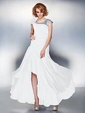 cheap Mother of the Bride-A-Line Mother of the Bride Dress Lace Up Scoop Neck Asymmetrical Satin Chiffon Short Sleeve with Sequin Side Draping Flower 2021