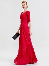 cheap Mother of the Bride-Sheath / Column Mother of the Bride Dress Formal Elegant V Neck Floor Length Chiffon Corded Lace Half Sleeve with Criss Cross 2023