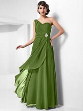 cheap Special Occasion Dresses-Sheath / Column Open Back Formal Evening Military Ball Dress One Shoulder Sleeveless Floor Length Chiffon with Ruched Crystals Draping 2022
