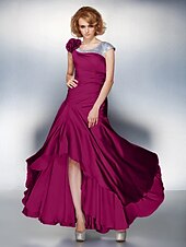 cheap Mother of the Bride-A-Line Mother of the Bride Dress Lace Up Scoop Neck Asymmetrical Satin Chiffon Short Sleeve with Sequin Side Draping Flower 2021