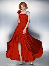 cheap Mother of the Bride-A-Line Mother of the Bride Dress Lace Up Scoop Neck Asymmetrical Satin Chiffon Short Sleeve with Sequin Side Draping Flower 2021