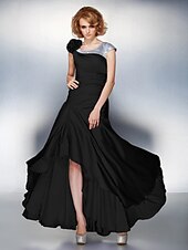 cheap Mother of the Bride-A-Line Mother of the Bride Dress Lace Up Scoop Neck Asymmetrical Satin Chiffon Short Sleeve with Sequin Side Draping Flower 2021