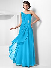 cheap Special Occasion Dresses-Sheath / Column Open Back Formal Evening Military Ball Dress One Shoulder Sleeveless Floor Length Chiffon with Ruched Crystals Draping 2022