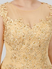 preiswerte Bodenlänge-A-Linie Mutter der Braut Kleid Hochzeitsgast Elegant Plus Size Illusionshals Sweep  Brush Zug Chiffon Perlenbesetzte Spitze Kurze Ärmel ohne Schleife(n) Falten 2025 kostenlose Maßanfertigung