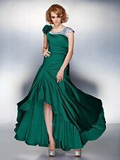 cheap Mother of the Bride-A-Line Mother of the Bride Dress Lace Up Scoop Neck Asymmetrical Satin Chiffon Short Sleeve with Sequin Side Draping Flower 2021